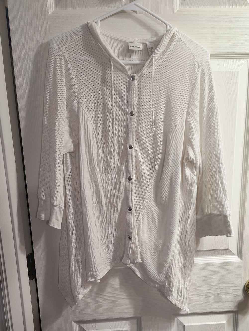 Zenergy By Chicos Casual White Hooded Button-Front Knit Top